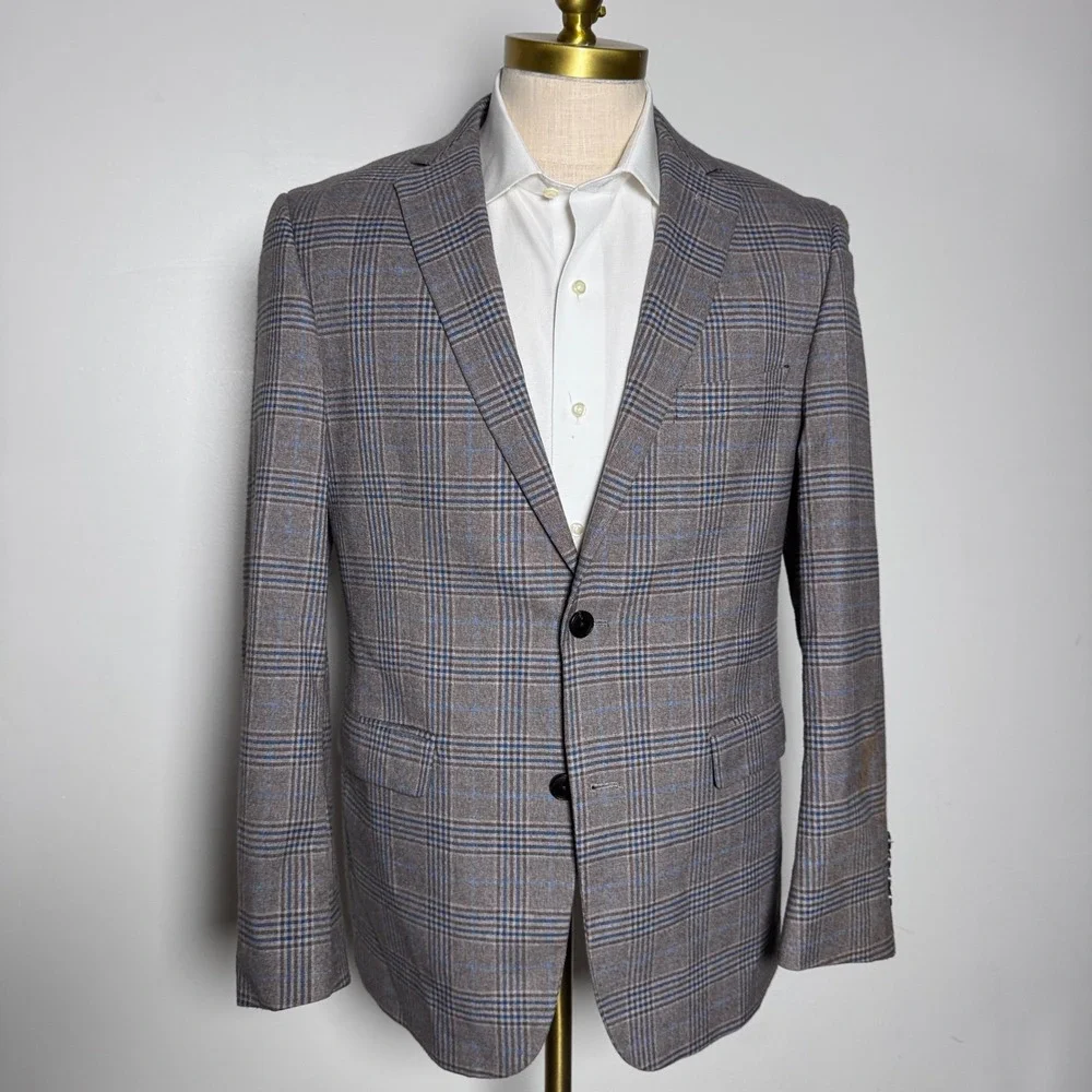 Crow & Jester Blazer Mens 38R Brown Blue Glen Plaid Wool Two Button Sport Coat